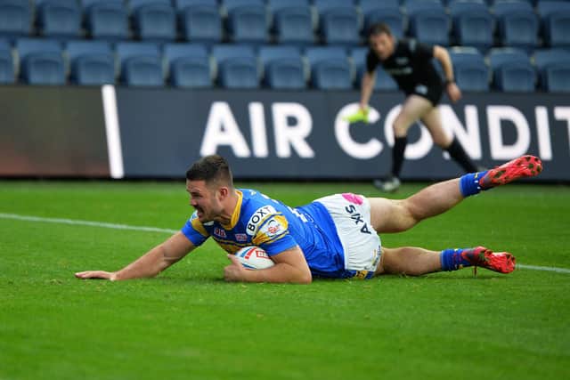 James Bentley scores Rhinos' second try. Picture by Jonathan Gawthorpe.