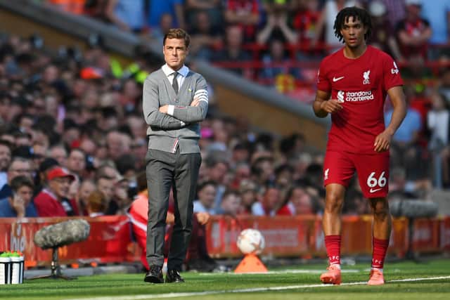 LIVERPOOL, ENGLAND - AUGUST 27: Scott Parker, Manager of AFC Bournemouth reacts during the Premier League match between Liverpool FC and AFC Bournemouth at Anfield on August 27, 2022 in Liverpool, England. (Photo by Michael Regan/Getty Images)