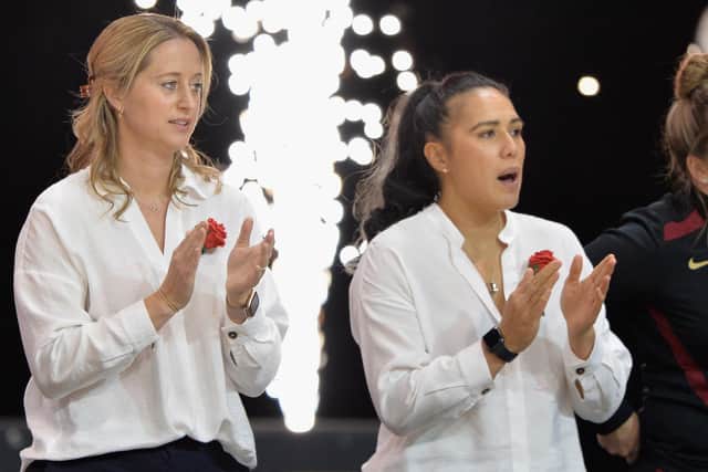 Liana Leota, right, coaching England Roses with Jess Thirlby, left, during game three of the Cadbury International Netball Series between the New Zealand Silver Ferns and the England Vitality Roses at Christchurch Arena on September 24, 2021 (Picture: Kai Schwoerer/Getty Images)
