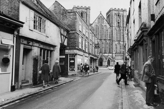 Visitors wander in the old world setting of Kirkgate with the Cathedral in the background. Pictured in April 1972.