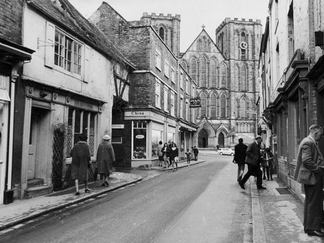 Visitors wander in the old world setting of Kirkgate with the Cathedral in the background. Pictured in April 1972.