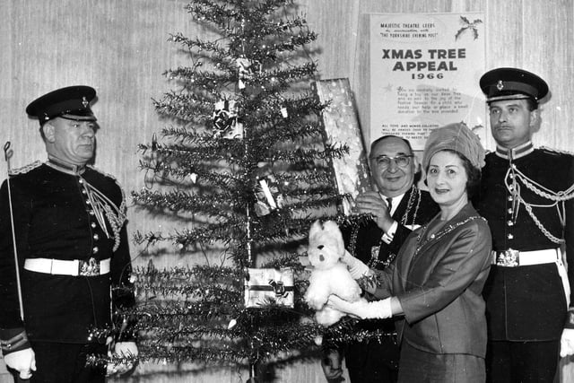 The Lord Mayor and Lady Mayoress of Leeds, Alderman Joshua S. Walsh and his wife, attended the launch of the Christmas Toy Appeal, in association with the Yorkshire Evening Post at the Majestic Cinema in December 1966. It invited people to place a toy on the Christmas tree to be given to children in need.