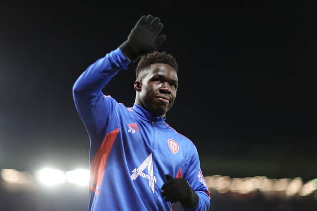MANCHESTER, ENGLAND - FEBRUARY 08: Wilfried Gnonto of Leeds United acknowledges the fans prior to the Premier League match between Manchester United and Leeds United at Old Trafford on February 08, 2023 in Manchester, England. (Photo by Naomi Baker/Getty Images)