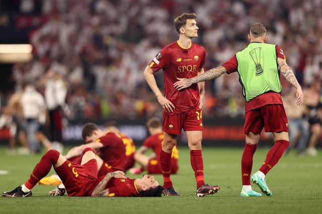 REFLECTIONS: From Leeds United loanee Diego Llorente, centre, pictured following defeat for his AS Roma side on penalties in Wednesday night's Europa League final against Sevilla at the Puskas Arena in Budapest. Photo by Naomi Baker/Getty Images.