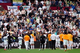 'DEPRESSING': Time for Leeds United's fans, pictured in front of the team after Sunday's 3-1 loss at West Ham. Photo by Tom Dulat/Getty Images.