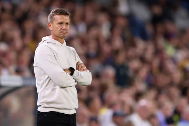 LEEDS, ENGLAND - AUGUST 24: Jesse Marsch, Manager of Leeds United looks on during the Carabao Cup Second Round match between Leeds United and Barnsley at Elland Road on August 24, 2022 in Leeds, England. (Photo by George Wood/Getty Images)