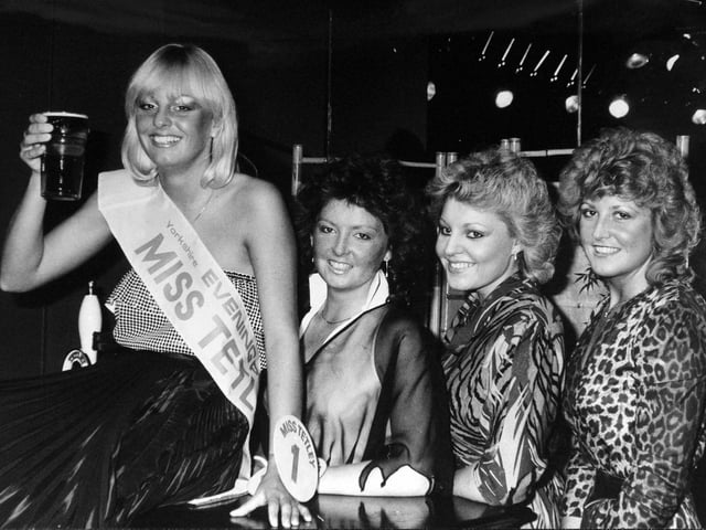 The Yorkshire Evening Post's "Miss Tetley Contest" was held at nightspot Foxes on Harrogate Road in November 1983. Wendy Pratt, representing the Old Halfway House, at Horbury, was crowned the winner. Looking on, from left, are runners-up Susan Lane, Sally Ann Johnson, and Sharon Hoddy.