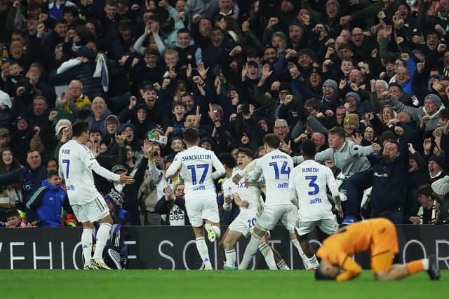 RELIEF PALPABLE: As Dan James finally puts Leeds United out of sight against Easter Monday's visitors Hull City at Elland Road, above. Photo by Ed Sykes/Getty Images.