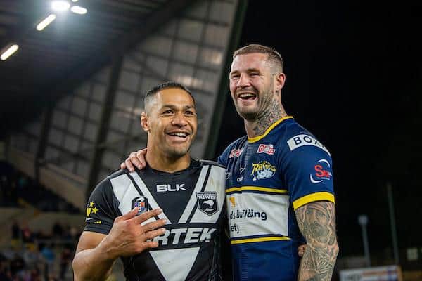 Zak Hardaker, right, with his former Wigan teammate Willie Isa following Leeds' loss to New Zealand. Picture by Allan McKenzie/SWpix.com.