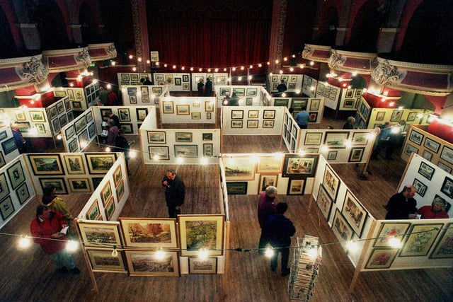 Art maze. Visitors viewing the watercolours at the British Watercolour Society and British Society of Miniaturists Art Show at the Kings Hall in November 1998.