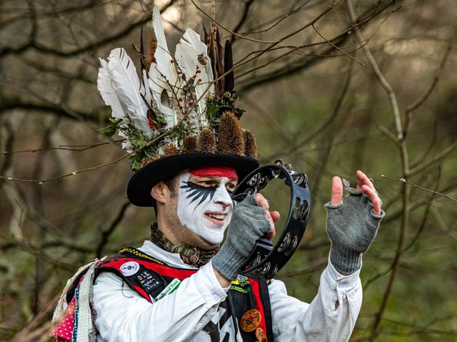 Matthew Stoppard,  member of Wharfedale Wayzgoose Border Morris at the 5th Wassail held at the Otley Chevin Orchard Project (near the White House) above Otley on Saturday. Photograph by Tony Johnson.  10th January 2026.