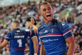 Corey Hall celebrates after scoring for Wakefield Trinity during last weekend's Super League semi-final win at Wigan Warriors. Picture by John Clifton/SWpix.com.