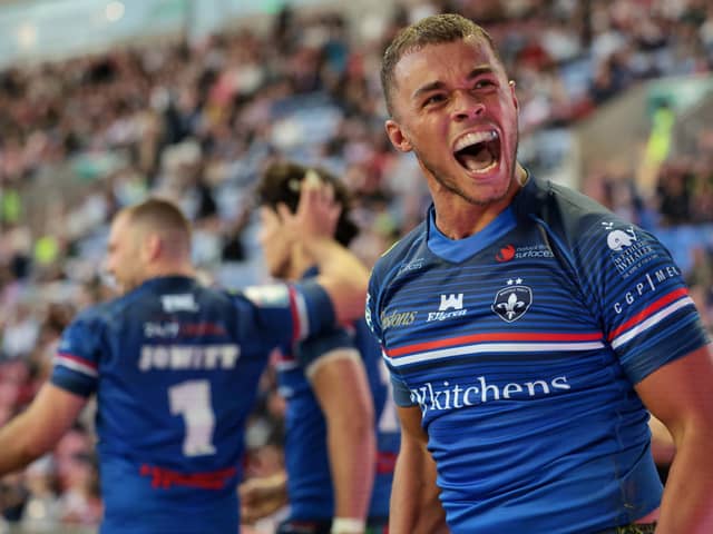 Corey Hall celebrates after scoring for Wakefield Trinity during last weekend's Super League semi-final win at Wigan Warriors. Picture by John Clifton/SWpix.com.