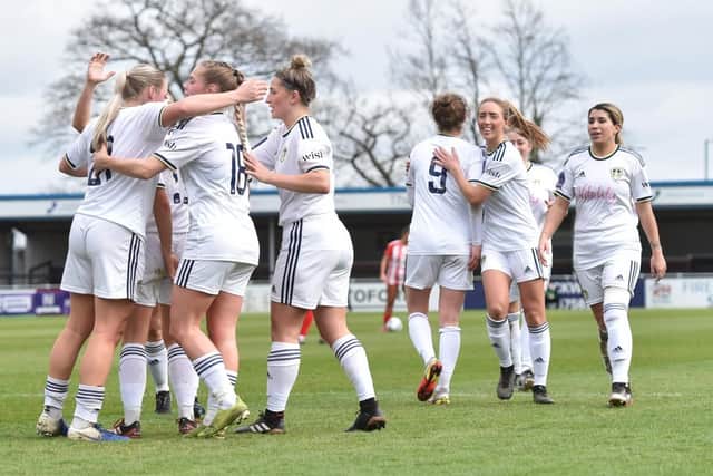 Catherine Hamill, third right, celebrates one of the Leeds goals in the final.