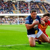 Ryan Hall goes over for the first of his two tries in Leeds Rhinos' 46-4 win against Catalans Dragons last week. Picture by Allan McKenzie/SWpix.com.
