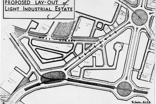 Plans for the proposed light industrial estate on Westgate in July 1948. The Victorian Mills, Wellington Bridge and Coronet House are all listed.
