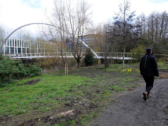 The park begins just beneath the Grade II listed Monk Bridge that carries Whitehall Road over the river. It stretches along to the £1m Whitehall Bridge, pictured here, which opened in 2007.