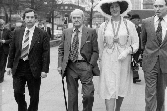 World renowned sculptor Henry Moore (second from left) walks along Victoria Gardens in April 1980 next to the Lord Mayor of Leeds, Coun Christine Thomas, on the occasion of the ceremony to mark the laying of the foundation stone for the new sculpture gallery extension to LeedsArt Gallery