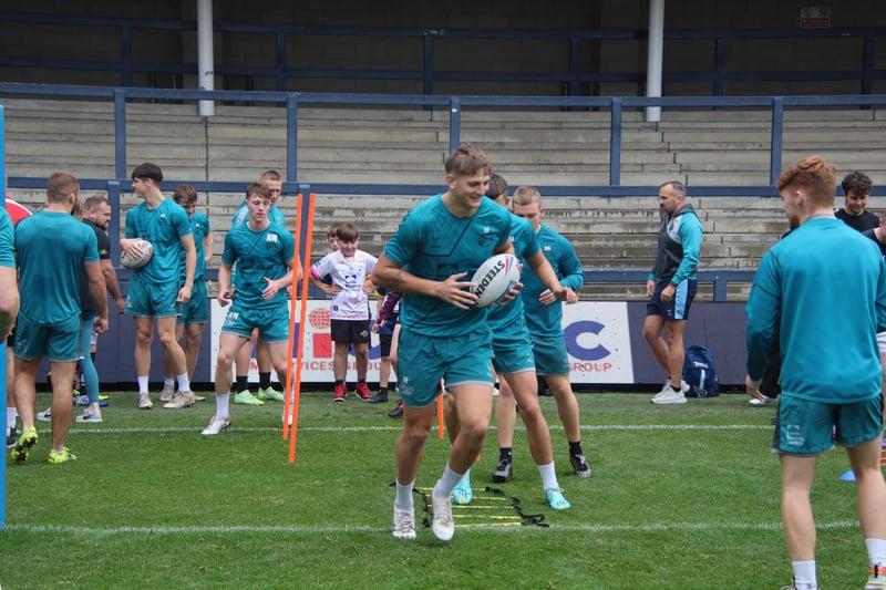 The big forward takes part in Rhinos' sponsors' training day at Headingley.