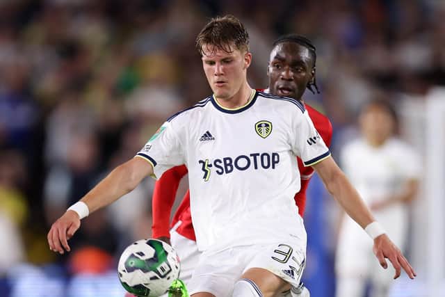 LEEDS, ENGLAND - AUGUST 24: Leo Fuhr Hjelde of Leeds United controls the ball during the Carabao Cup Second Round match between Leeds United and Barnsley at Elland Road on August 24, 2022 in Leeds, England. (Photo by George Wood/Getty Images)
