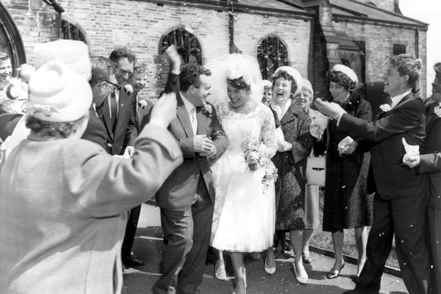 The wedding scene for the film 'This Sporting Life' in May 1962. This starred Rachel Roberts as Margaret Hammond and Colin Blakely as Maurice Braithwaite and took place at Drighlington Church. Photopress photographer, Mike Briggs, had gone to play the role of wedding photographer but was not included in the finished film.