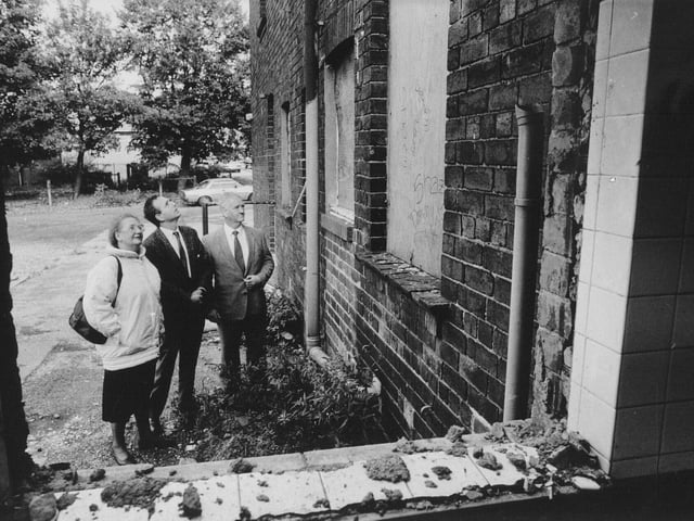 Councillors Marian Monks, Keith Wakefield and Keith Parker examine Micklefield's disused fire station in October 1989.