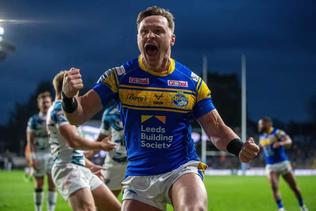 James Donaldson celebrates scoring for Rhinos against Toulouse this season. Picture by Bruce Rollinson.
