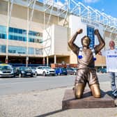 Leeds United fan Tony Clark, who owns Clark Sculptures based in Leeds, with his latest lifesize resin figure of Leeds United hero Billy Bremner celebrating after scoring against Wolves at Maine Road to put Leeds through to their second successive FA Cup Final 7th April 1973. Photo: James Hardisty
