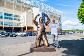 Leeds United fan Tony Clark, who owns Clark Sculptures based in Leeds, with his latest lifesize resin figure of Leeds United hero Billy Bremner celebrating after scoring against Wolves at Maine Road to put Leeds through to their second successive FA Cup Final 7th April 1973. Photo: James Hardisty