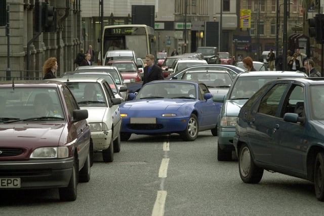 Traffic chaos on East Parade in June 2000 when private hire drivers staged a protest over their ban from Park Row.