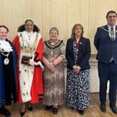 Pictured from left to right: Mayor of Otley, Lord Mayor of Leeds, Mayor of Wetherby, Deputy Mayor of Morley and Mayor of Tadcaster.