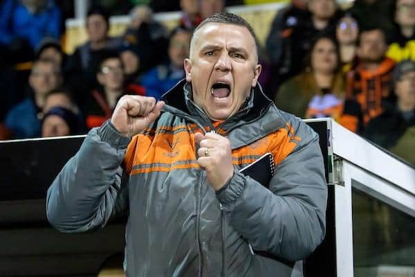 Coach Andy Last celebrates Tigers' win over Rhinos in March. Picture by Allan McKenzie/SWpix.com.