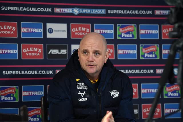 Richard Agar talks to the media after Rhinos' win at Wakefield this season. Picture by Jonathan Gawthorpe.
