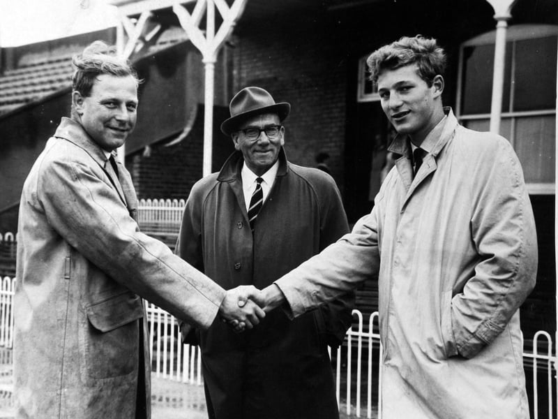 August 1964 and John Hutton (right) is welcomed on arrival at Scarborough cricket ground by Yorkshire Colts skipper Robin Feather. In the centre is coach Arthur Mitchell.