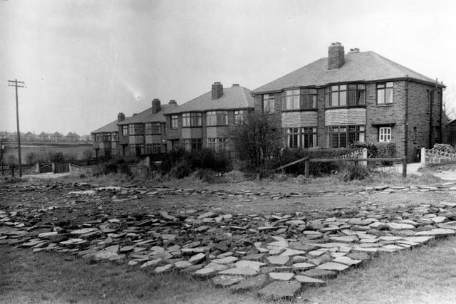 Houses of Moss Valley at the edge of playing fields belonging to Moortown Rugby Union Club, Alwoodley Park pictured in April 1951.