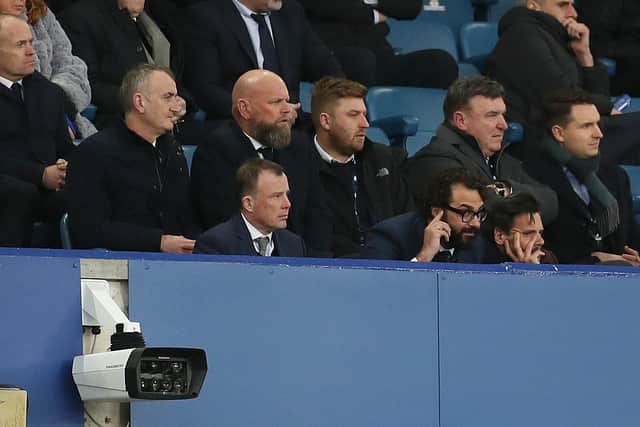FAN ANGER - Leeds United CEO Angus Kinnear and director of football Victor Orta pictured during a 1-0 loss at Goodison that featured 'sack the board' chants from away fans. Pic: Getty