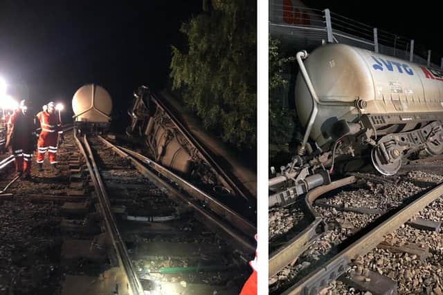 The railway is closed as we investigate an incident where freight train carriages came off the tracks last night. Photo: Network Rail