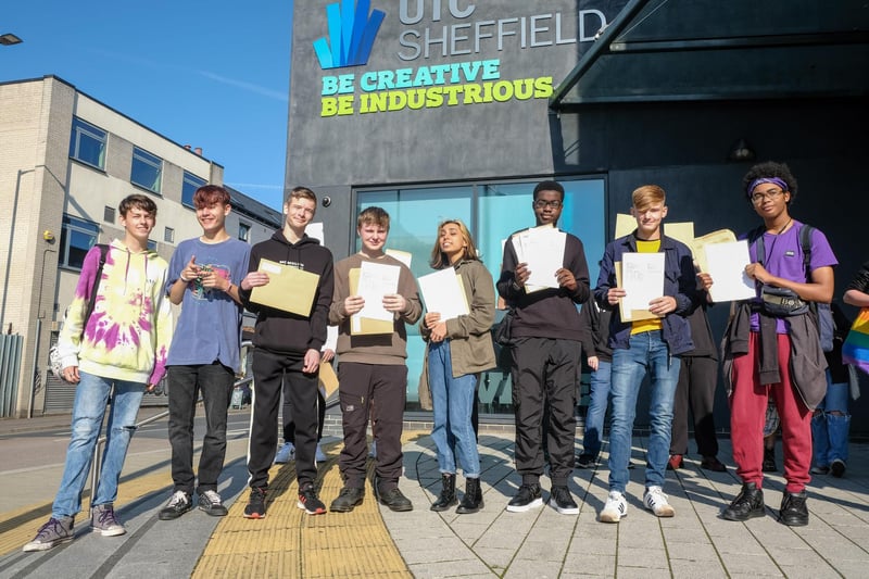 Students at UTC Sheffield with their results