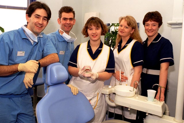 Staff at Ropergate Dental Practice in Feberuary 1996. Pictured, from left, are  Nick and Richard White, dental nurses Vicky Parker and Alyson Hare and receptionist Paula Higgs.