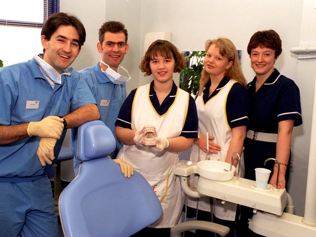 Staff at Ropergate Dental Practice in Feberuary 1996. Pictured, from left, are Nick and Richard White, dental nurses Vicky Parker and Alyson Hare and receptionist Paula Higgs.