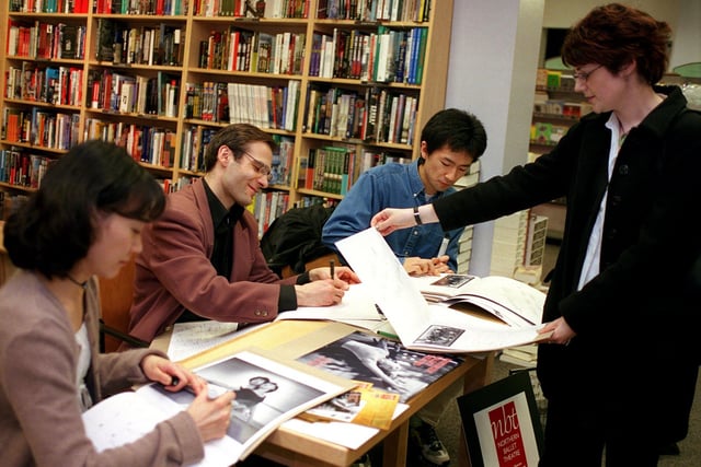 Northern Ballet artistic director Stefano Giannetti with dancers Chiaki Nagao and Hiro Takahashi sign copies of their new calendar at Borders bookshop in November 1999.