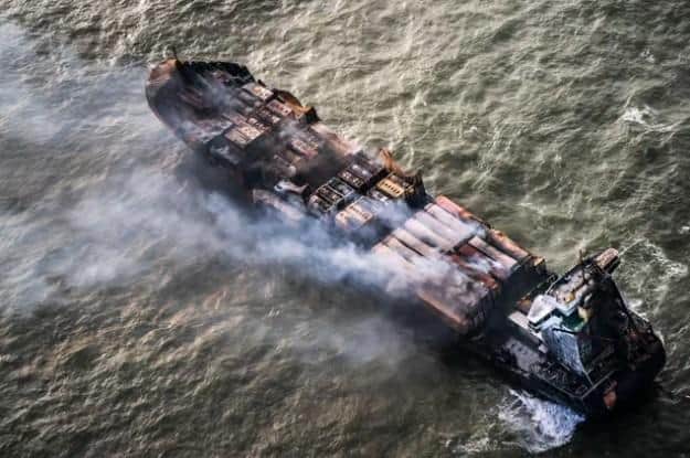 The Solong container ship drifts in the Humber Estuary, off the coast of East Yorkshire following a collision with the MV Stena Immaculate oil tanker