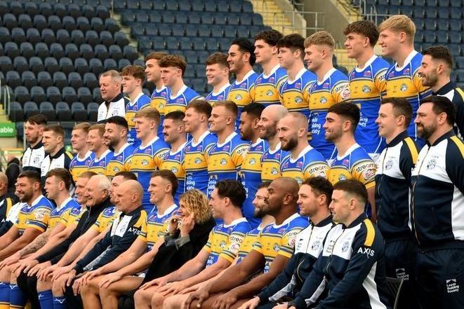 Leeds Rhinos' 2025 squad, plus coaching staff and directors, seen at the club's pre-season photocall in January.