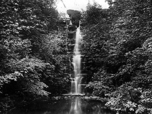 A postcard with a postmark of May 12, 1909 showing the Waterfall at Roundhay Park. This impressive feature was at the southern end of Waterloo Lake. It was constructed by the Nicholson family in the early 19th century.