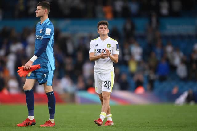 LEEDS, ENGLAND - SEPTEMBER 12: Daniel James of Leeds United applauds the fans following defeat in the Premier League match between Leeds United and Liverpool at Elland Road on September 12, 2021 in Leeds, England. (Photo by Laurence Griffiths/Getty Images)
