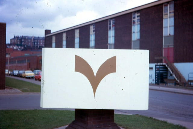 The Yorkshire Television Studios on Kirkstall Road with the original logo displayed in front. The studios were constructed on cleared land in 1967 and studios 1 and 2 were equipped for transmission by 1968. The Duchess of Kent opened the studios in July 1968. Studios 3 and 4 were completed by 1969. This logo was in use from 1968 until 2004.