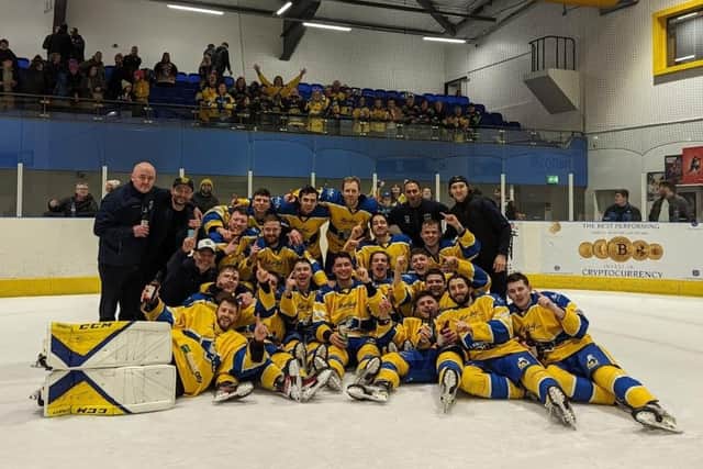 THAT WINNING FEELING: Leeds Knights' players celebrate winning the NIHL National league title after their victory over defending champions Telford Tigers on Sunday. Picture courtesy of Leeds Knights.