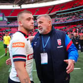 England coach Shaun Wane, right, speaks to half-back Mikey Lewis following the first Test loss to Australia at Wembley. Picture by Ed Sykes/SWpix.com.