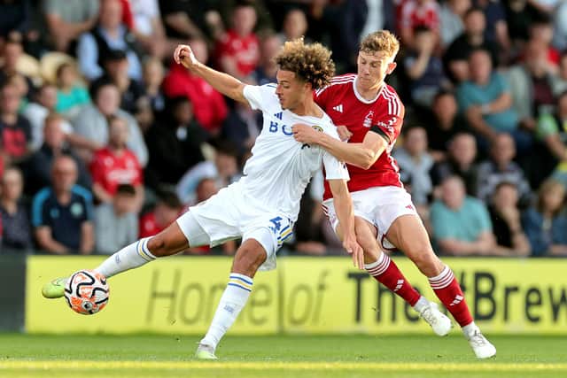 IMPRESSIVE RECRUIT: New Leeds United signing Ethan Ampadu, left, holds of Ryan Yates in Thursday evening's pre-season friendly against Nottingham Forest at Burton Albion. Photo by David Rogers/Getty Images.