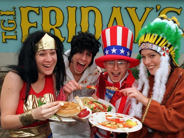 TGI Friday in the city centre launched a new menu for Thanksgiving Day one of the most important holidays in the American calendar. Pictured are some of the staff wearing fancy dress, from left, Jo Hinds, Barry Booth, Simon Gledhill and Katie Swale.